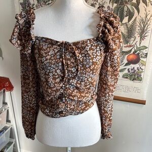 Astr Brown Floral Blouse with Ruffle Sleeves Small